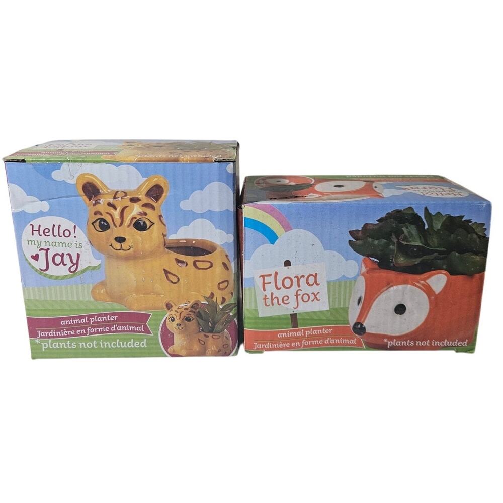 "Jay the Jaguar" and "Flora the Fox" ceramic animal planters